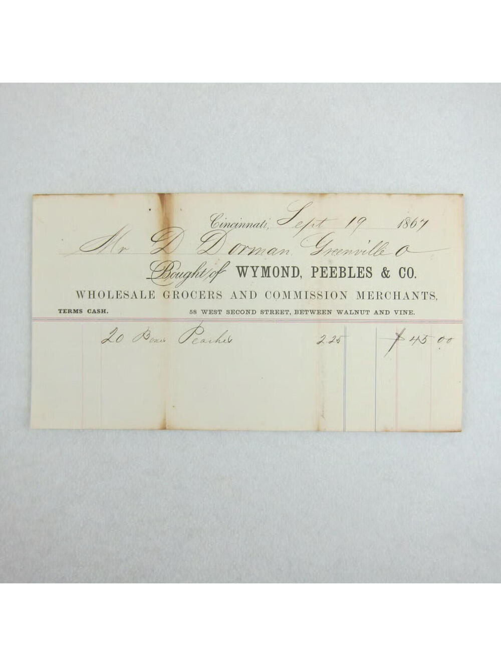 Antique 1867 Wymond Peebles Co Wholesale Grocer Cincinnati Ohio Receipt Invoice